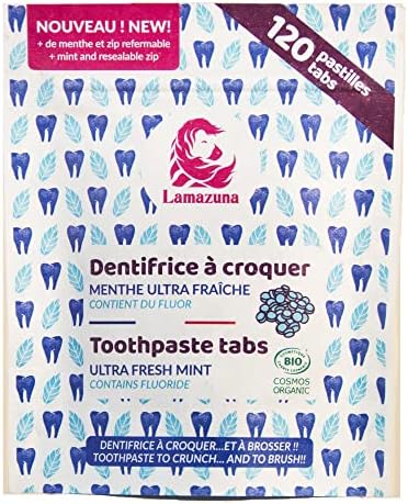Lamazuna Toothpaste Tabs with Wild Mint - Organic Certified, Toothpaste Tabs with Fluoride, Gluten Free, Vegan, Plastic Free, Eco Friendly, Camping, Travel, 120 Tablet, 2 Month Supply, Made in France