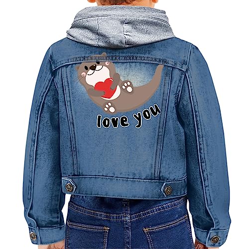 Love You Toddler Hooded Denim Jacket - Cute Jean Jacket - Otter Denim Jacket for Kids