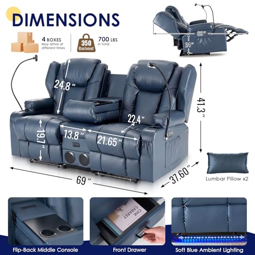 Image of Redlife Power Loveseat Recliner Sofa with Console, PU Leather Dual Reclining Couch with Blue LED Lights, Bluetooth Speaker, USB Ports, Phone Holders, Home Theater & RV Recliner (Blue)