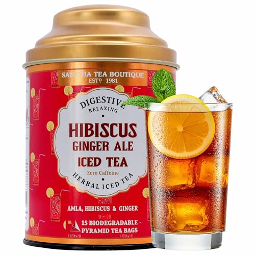 Image of Sancha Hibiscus Ginger Ale Iced Tea | 15 Pyramid Bags | Hibiscus, Amla & Ginger Herbal Blend | Sugar-Free | Not Instant