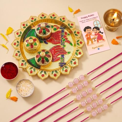 Image of Pink Beaded Rakhi for Brother with Greeting Card, Roli Chawal | Premium Pearl Stone Designer Rakhi | Raksha Bandhan Gift for Brother