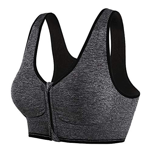 SUNLAND Women Wireless Sports Bras Yoga Training Stretch Tank Top High Impact Padded Sports Bra Front Zipper Closure Grey L