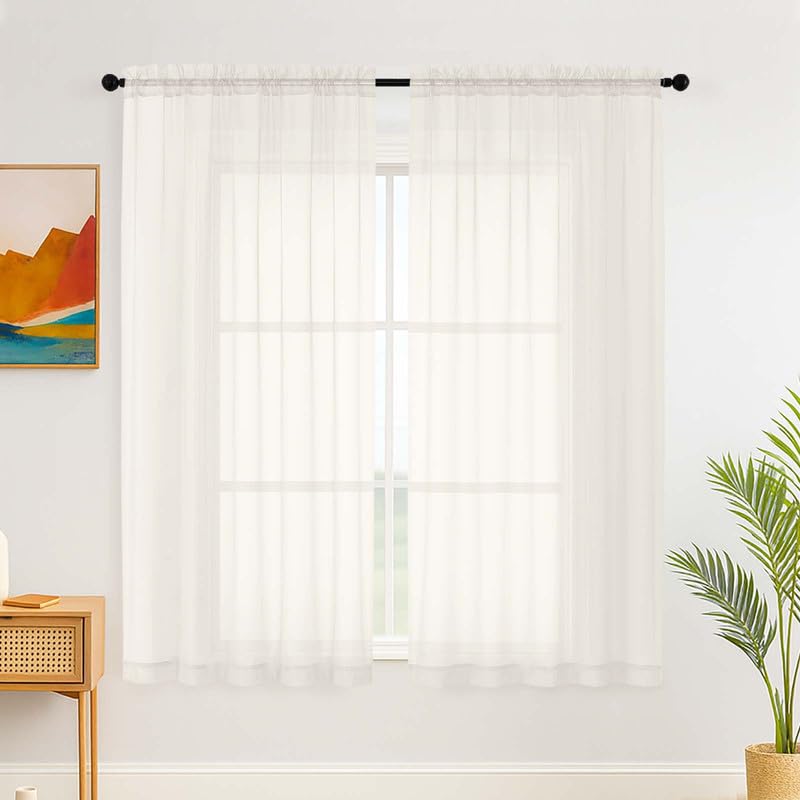Simplebrand Ivory Sheer Curtains 163 cm Length for Bedroom, 2 Panels Set, voile with Light Filtering Curtains & Drapes, Rod Pocket Window Curtains for Living Room (Ivory, 150cm W x 163cm L) — image 1