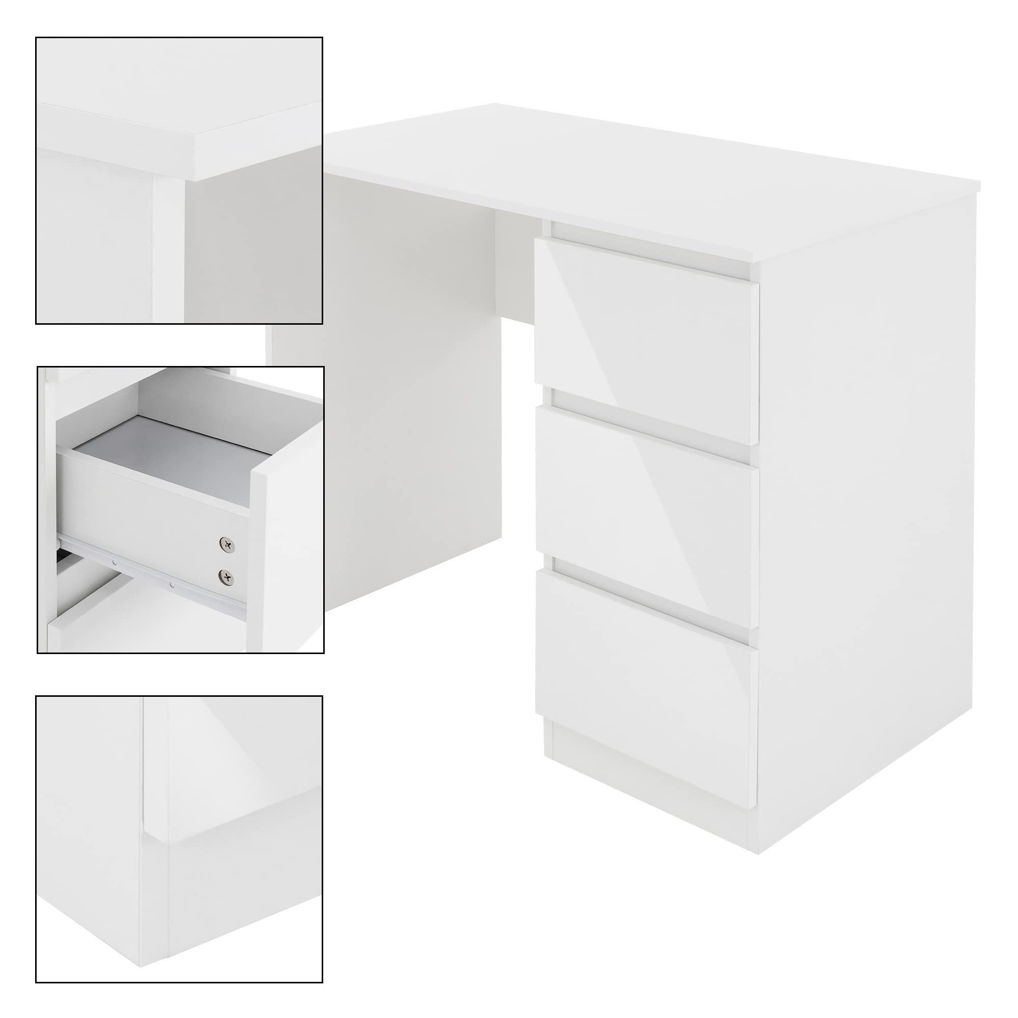 ML-Design Escritorio con 3 Cajones 90x76x50 cm Blanco con Tapas de Cajones Brillantes con Gran Espacio de Almacenamiento Mesa de Trabajo para Ordenador Portátil PC en Oficina y Homeoffice