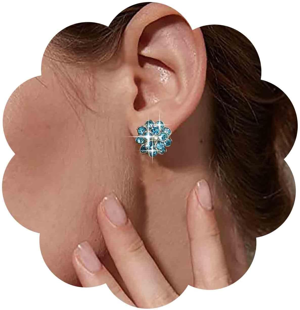 Sparkly Rhientsone Flower Stud Earrings Blue Rhinestone Flower Earrings Rhinestone Wedding Earrings Blue Cz Cluster Earrings Gemstone Flower Earrings Jewelry for Women