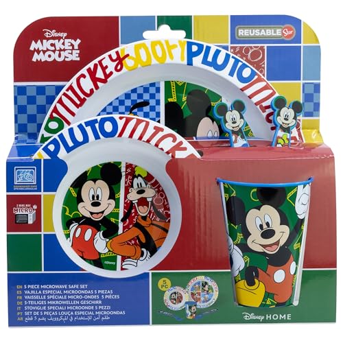 Set vaisselle réutilisable pour enfant compatible micro-ondes composé d'un gobelet, d'une assiette, d'un bol et de couverts Mickey