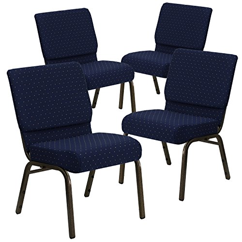 Flash Furniture 4 Pack HERCULES Series 21''W Stacking Church Chair in Navy Blue Dot Patterned Fabric - Gold Vein Frame