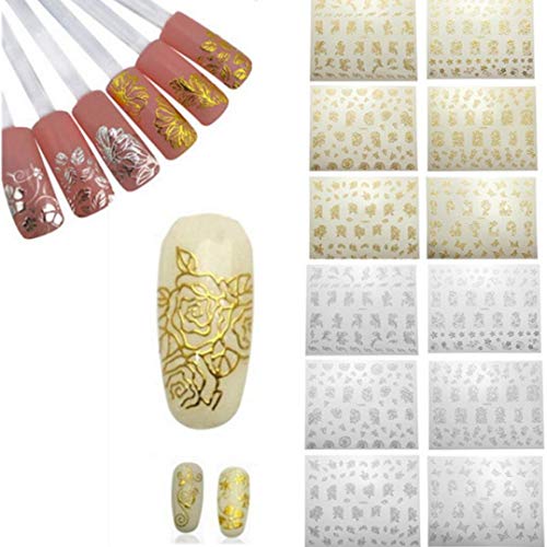Premium Qualität 12 STÜCKE Blume 3D Nail Art Sticker Decals Maniküre Gold/Silber Dekoration Tipps mixtz Carry stone