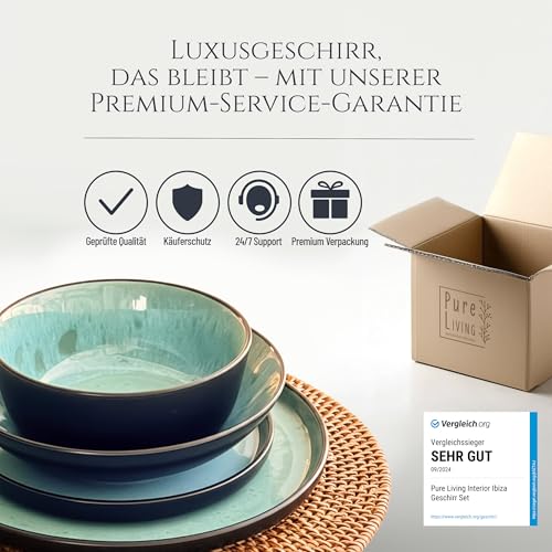 Steingut Geschirrset 6 Personen Ibiza 24 tlg. TESTSIEGER, Traumhaftes Mediterranes Steingut Geschirr Set, Schüssel- und Teller Set, Tafelservice 6 Personen, Geschirrsets Pure Living in Salbeigrün