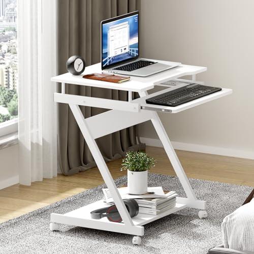SogesHome Schreibtisch Klein Computertisch mit 4 Rollen 2 Davon mit Bremsen PC-Tisch in Z-Form mit...
