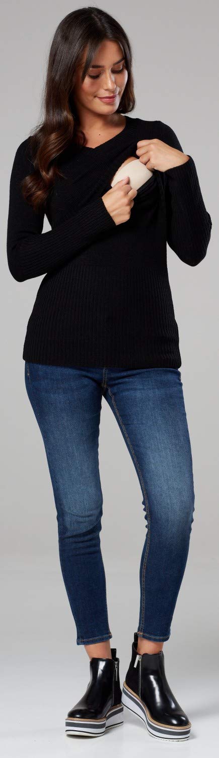 Happy Mama.Premaman L'Allattamento al Seno Maglione Manica Lunga V Collo.454p (Nero, IT 44/46, L/XL)