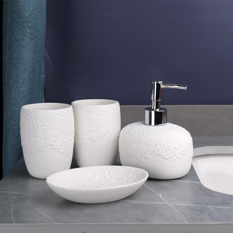 4-częściowy zestaw łazienkowy dozownika mydła, ceramiczny zestaw akcesoriów łazienkowych, zawiera dozownik mydła, mydelniczkę, zestaw kubków do płukania jamy ustnej dla dorosłych dzieci
