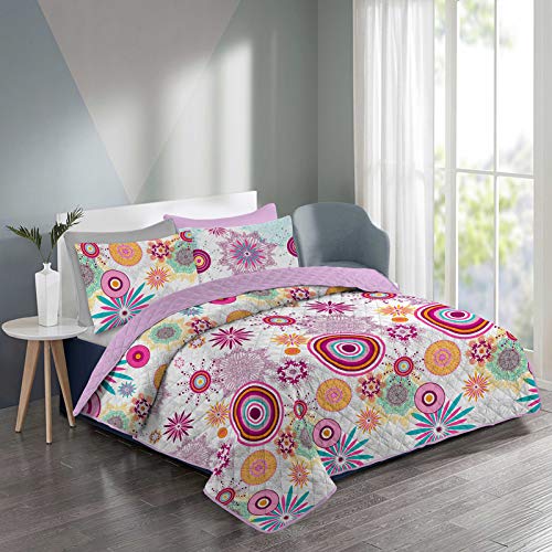 HaraDeco Colcha Bouti Cama 150/Cubrecama Estampada con Funda 50x70cm(Rosa, Cama 150)
