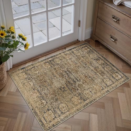 PureCozy 2x3 Entryway Floral Rug Black Washable Small Area Rug Non-Slip Stain Resistant Door Mat Low Pile Boho Accent Indoor Throw Carpet for Entrance Kitchen Bedroom Laundry 2' x 3' (Rectan