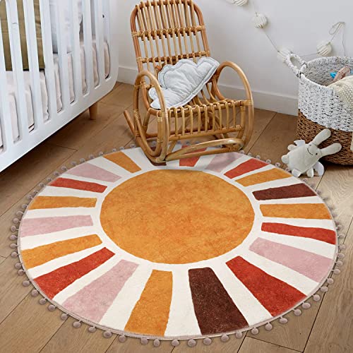 Image of LIVEBOX Boho Nursery Rug Round 4ft Sun Rainbow Rugs for Girls Bedroom, Colorful Soft Circular Rug for Kids Room, Non-Slip Circle Cute Washable for Living Room Classroom Play Room