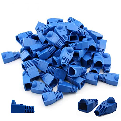 SagaSave Paquete de 100 botas de conector de tapa de cable RJ45, de plástico blando Ethernet CAT5 CAT5E CAT6, botas de alivio de tensión (azul)