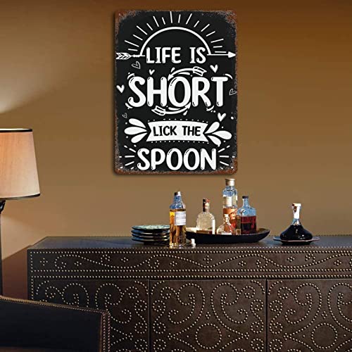 Life Is Short Lick The Spoon Metal Sign Funny Saying Kitchen Plaque Tin Sign Custom Signs For Home Bar Wall Art Decor 12"X16" Christmas Party Wall Decor Art Iron Vintage Sign #TOP4