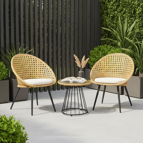 Image of DEVOKO Furniture 3-Piece Indoor Outdoor Bistro Set -Finish with Rattan & Wicker Chairs and Glass Top Center Table (Beige & Off-White)