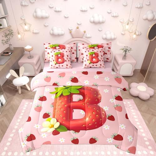 Image of Feelyou Cute Girls Strawberry Queen Comforter Set with Sheets for Kids Boys Girls Pink Red Princess Strawberry 7 Pieces Bedding Set Initial Letter B Bed in a Bag Room Decor Soft Lightweight Microfiber