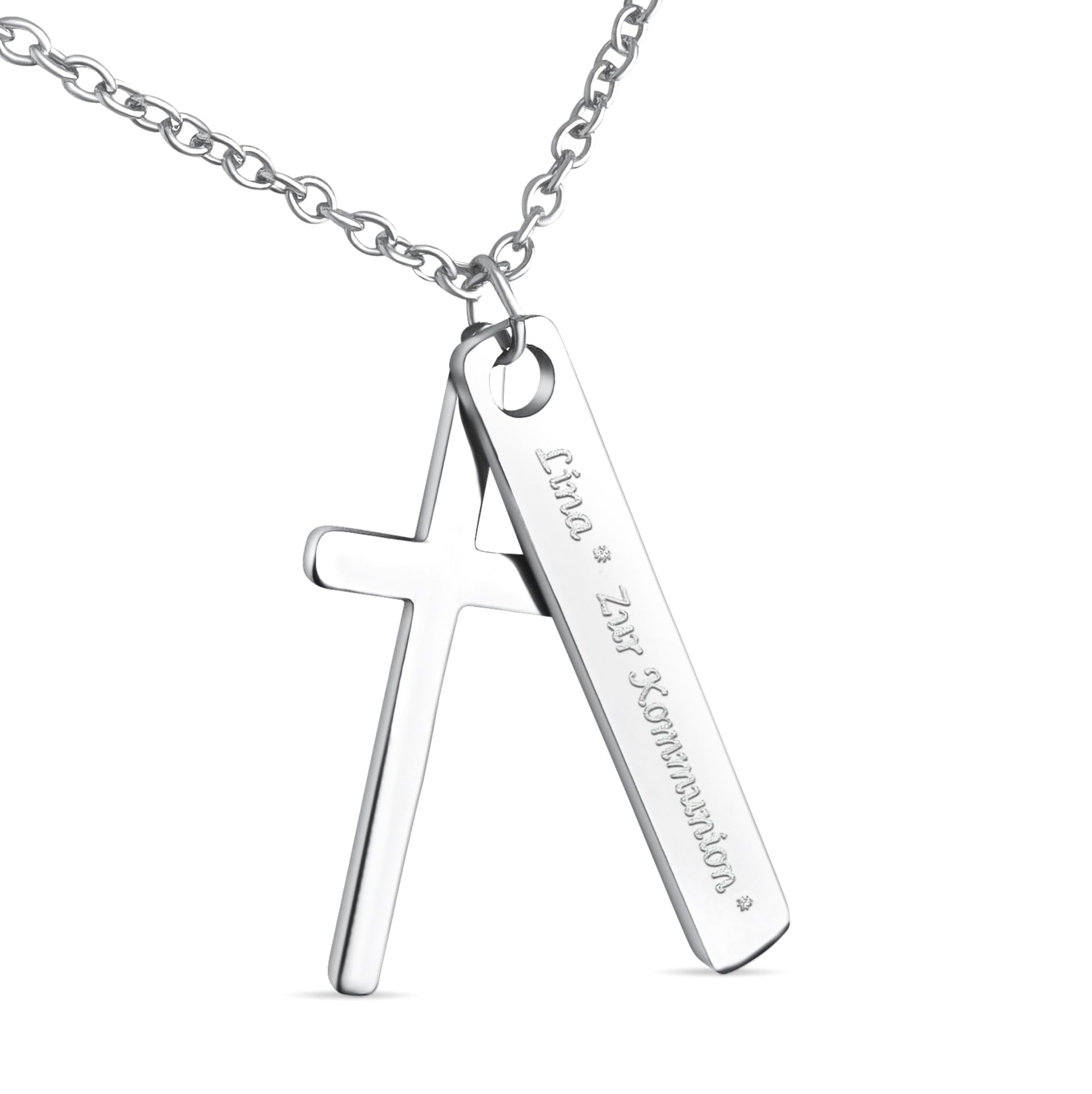 Personalisierte Kette mit Gravur Edelstahl 50 cm mit Anhänger Kreuz Rechteck in silber - Personalisierte Geschenke für Kinder und Erwachsene - Halskette Damen Herren Mädchen Jungen