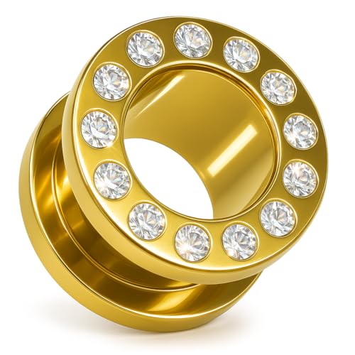 PIERCINGO® Flesh-Tunnel Zirkonia-Kristall1.2–20mm CHIRURGENSTAHL 316L EDEL-STAHL Tunnel-Piercing Ohr-Stecker Double-Flared Schraub-Gewinde Strass-Stein Weiß Klar (Gold Gelbgold, 10mm)