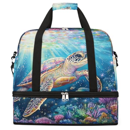 Foldable Carry On Bag for Travel, Expandable Duffle Bag with Shoe Compartment, Turtle Rainbow Ocean Lightweight Sports Gym Tote with Trolley Sleeve