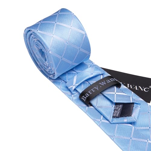Image of Barry.Wang Plaid Ties for Men Silk Necktie Handkerchief Cuff Links Set