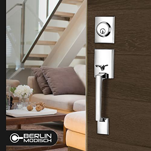 Image of Berlin Modisch Single Cylinder HandleSet with Lever Door Handle (for Entrance and Front Door) Reversible for Right and Left Handed and a Single Cylinder deadbolt Handle Set Polished Chrome Finish