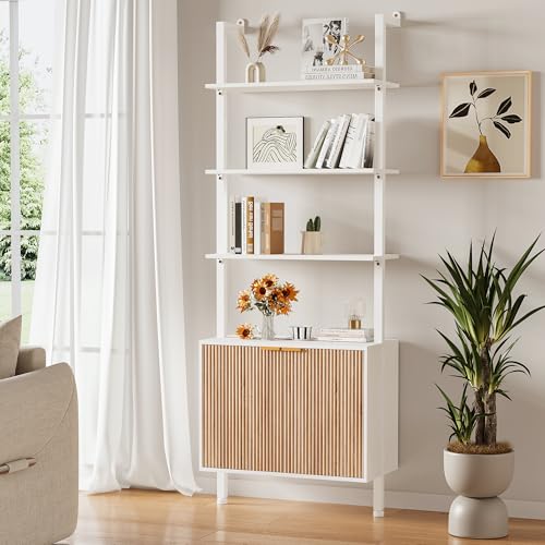 74" Tall Bookshelf with Storage Cabinet, Modern Ladder Shelf with Wood and Metal Frame, Wall Mount Bookcase Open Display Shelf Furniture for Living Room, Bedroom, Home Office, White and Oak - Image 4
