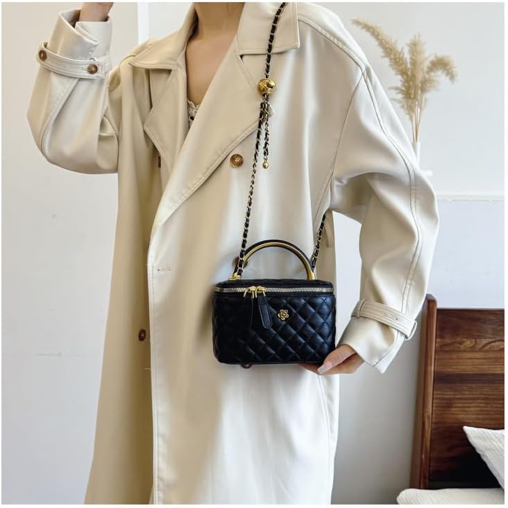 Quilted Leather Crossbody Bag with Chain Strap Women's Top Handle Bucket Square Box Bag for Women - Image 3