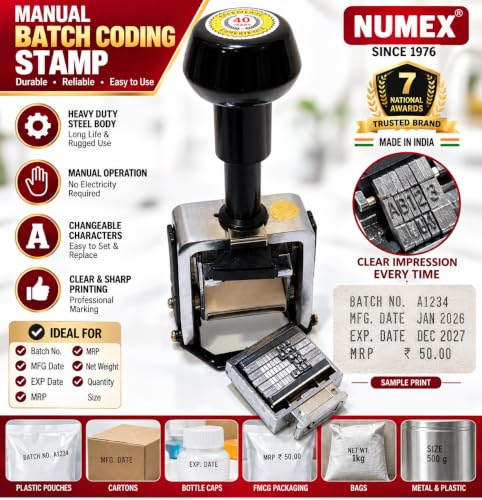 Image of NUMEX 2MM Metal Font Batch Printing Stamp | Heavy Duty Manual Coding Stamp | Prints Batch No., MFG Date, EXP Date & MRP | for Pouches, Bags, Labels & Craft Use | Made in India