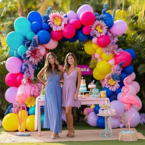 Image of Hot Pink Blue Yellow Balloon Garland, Double Stuffed Royal Blue Teal Lavender Balloons Pastel Balloon Arch Kit for Tropical Hawaii Graduation Birthday Baby Shower Party Decorations