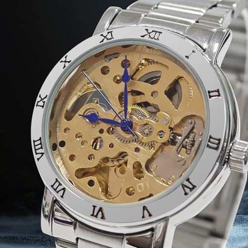 Image of Gute IK Women's Automatic Watch, Steampunk Self Winding Mechanical Silver Bracelet Women Wrist Watch