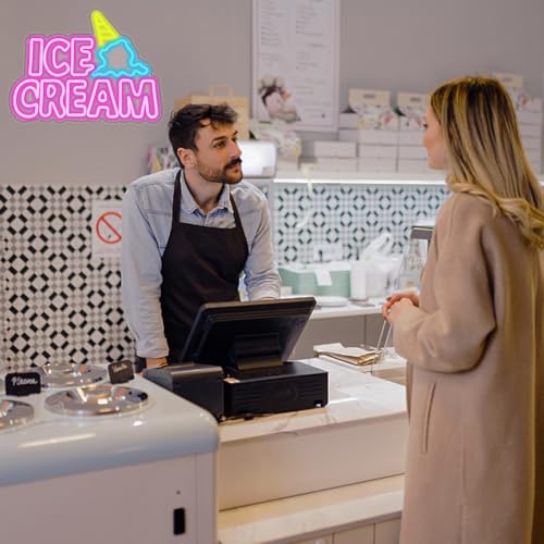 Image of Ice Cream Neon Sign, Neon Signs for Wall Decor, Yellow Blue Pink Light Up Sign Word LED Neon Sign USB Powered Neon Wall Signs for Bedroom Restaurant Cafe Drink Bar Business Ice Cream Shop