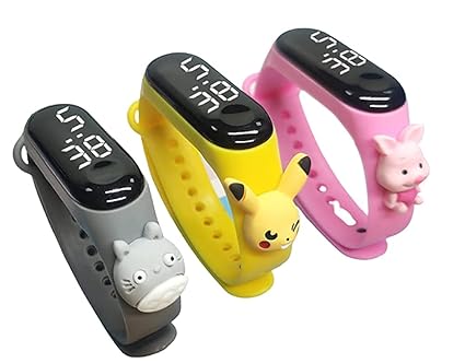 WILDCROC Kids Digital Watches, Pack of 3, for Boys and Girls | Black LED Dial, Coloured Strap with Cartoon Figure | Digital Unisex-Child Watch (Colour as per Availability)