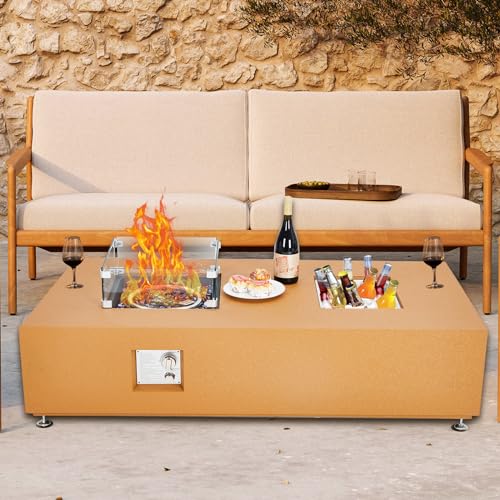 56 Inch Outdoor Propane Fire Pit Table,50000BTU Fire Table with 13" Square Drink Ice Bucket Wind Guard, Fire Glass Beads & CSA Safety Certified Outdoor Firepit for Outside Patio Yard Garden, Yellow