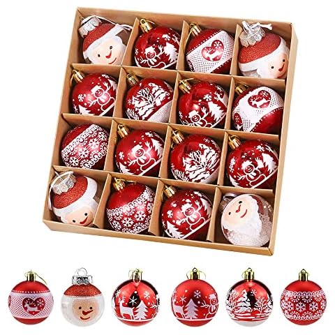 Weihnachtsbaumkugeln Rot Weiß 16 Stück 6CM Christbaumkugeln Oberfläche Funkeln Plastik Weihnachtsbaum Deko Traditionelles Weihnachtselemente Schneemann Schneeflocke Rentier Baumschmuck Cover