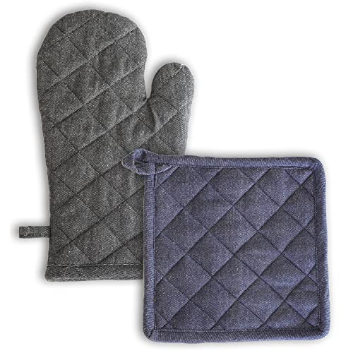 Image of 1 Oven Mitts and 1 Pot Holders Set-Cotton Heat Resistant Pot Stand and Kitchen Gloves-Heat Proof-Free Size-Combo Set (Blue and Grey Mix)