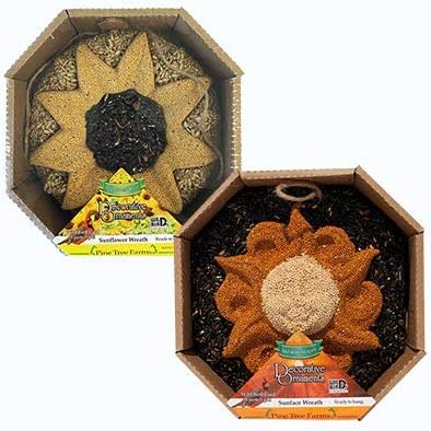 Pine Tree Farms Seed Wreath Set – 2-Pack Bird Seed Wreaths with Sun Face & Sunflower Designs – Natural Millet & Sunflower Seed Mixes, Rope Loops for Hanging, Perfect Outdoor Bird Feeding Décor