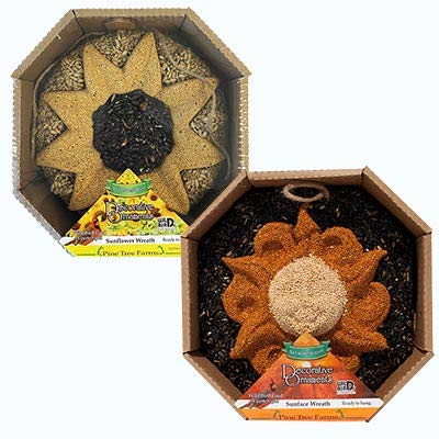 Pine Tree Farms Seed Wreath Set 2-Pack Bird Seed Wreaths with Sun Face & Sunflower Designs Natural Millet & Sunflower Seed Mixes Rope Loops for Hanging Perfect Outdoor Bird Feeding Dcor