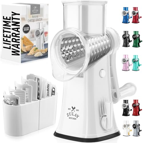 Image of Zulay Kitchen Rotary Cheese Grater 5 Blade Cheese Shredder - Manual Hand Crank Cheese Grater With Reinforced Suction & 5 Interchangeable Drums - Easy to Use, Vegetable Chopper Round Mandoline Slicer