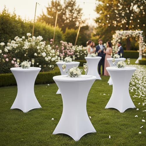 Image of Fixwal 8 Pack Spandex Cocktail Table Covers, 32x43 Inch White Fitted Stretch Highboy Round Cover Table Cloth for Party, Bar, Pub, Wedding, Banquet