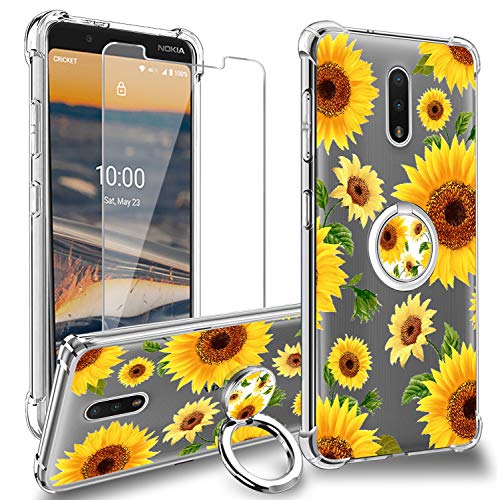 Nokia C2 Tava Case,Nokia C2 Tennen Case Sun Flower for Ring Holder Kickstand with Tempered Glass Screen Protector Crystal Soft Clear Shockproof TPU Bumper Protective Phone Cover for Nokia 2 V Tella