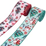 craspire 2 Rolle 2.5 Zoll Sackleinen Weihnachtsband Dekoratives Bastelband Mit Eisenkante Bunter Baum Weihnachtsmann Verpackung Gemusterte Kranzgirlandenrollen Für Weihnachtsfeiern Geschenkgeschenke