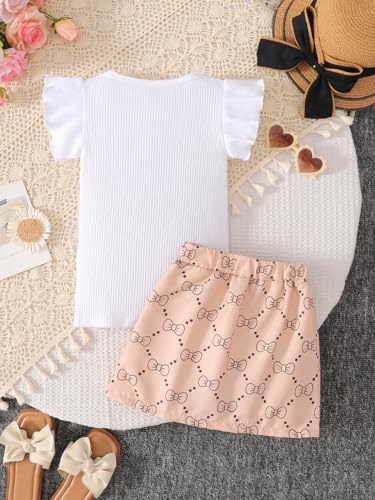 Image of Azmxynol Toddler Girls Clothes Cap Sleeve T-Shirt + Bowknot Print 2pcs Summer Shorts Outfit Set For Girls, Size 4-8 Years
