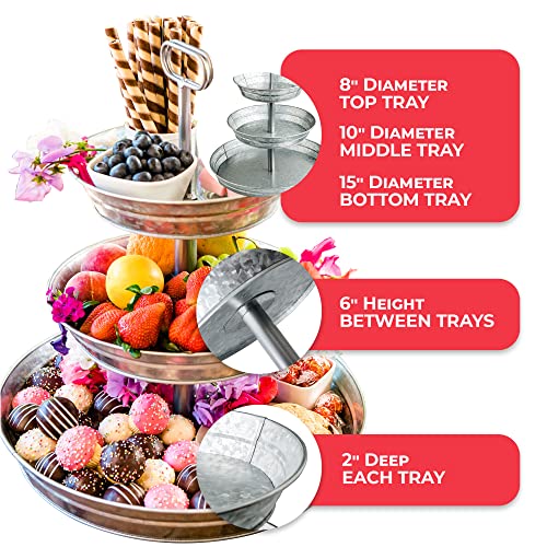 Starpack Farmhouse Style Three Tier Serving Tray - Rustic Kitchen 3 Tiered Tray With 3 Tier Metal Stand - Three Tiered Tray For Deserts & Party Bites - Sturdy & Stylish 3 Tier Serving Stand #TOP3