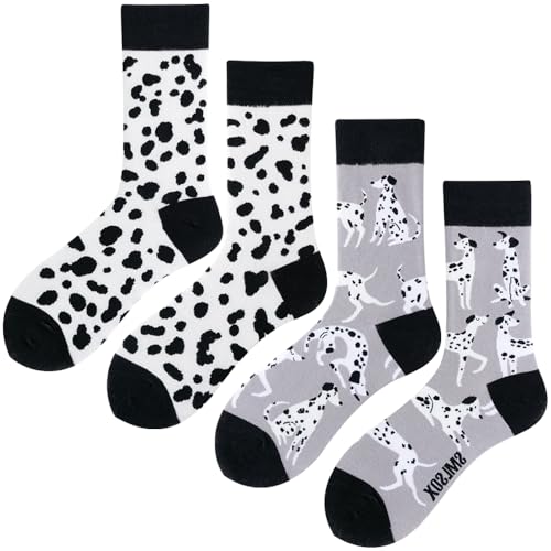 Angelteers 2 Pairs Cartoon Animal Crew Socks Fun Cotton Mid Calf Socks for Women (US Alpha One Size Regular Regular Dalmatian)