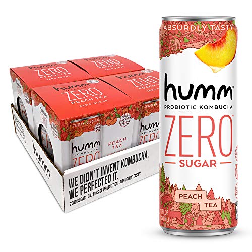 Humm Probiotic Kombucha Zero Sugar Peach Tea - No Refrigeration Needed, Keto-Friendly, Organic, Vegan, Gluten-Free - 11oz Cans (16 Pack)
