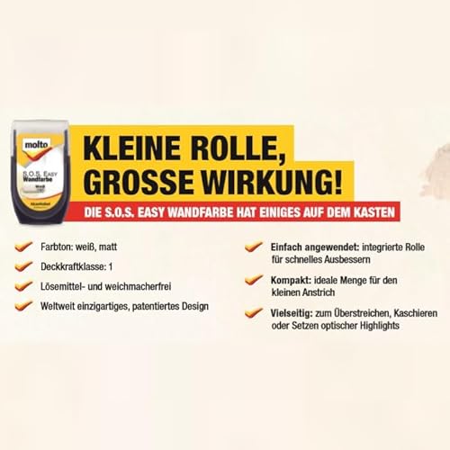 Erhard-Trading 3x Molto SOS Easy Wandfarbe Farbroller weiß matt 30 ml und Schwamm
