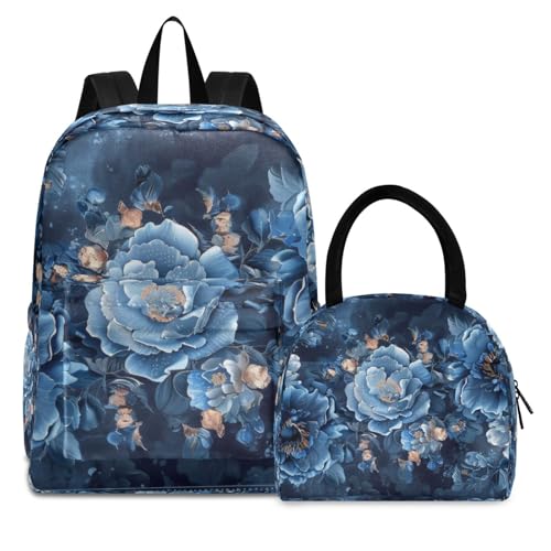 Backpack Lunch Bag Set Luxurious Blue Flower Print, Big Storage Travel Backpacks with Insulated Lunch Box for Office Hiking Picnic